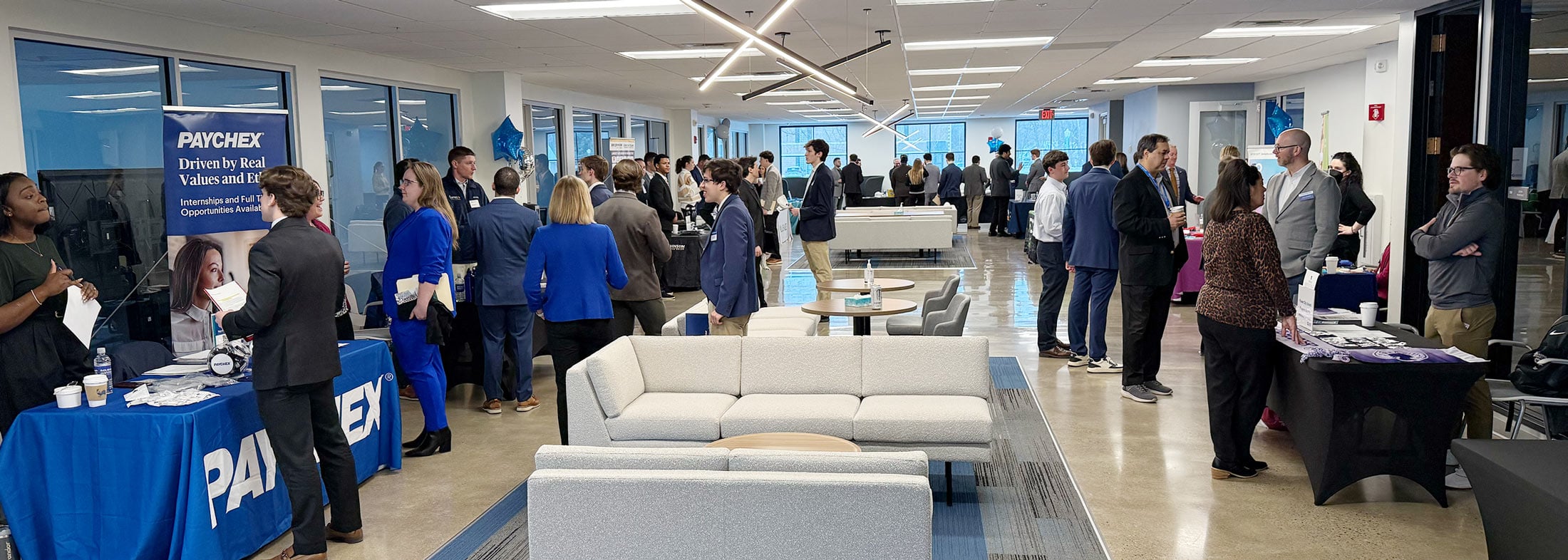 Campus center full with visitors.