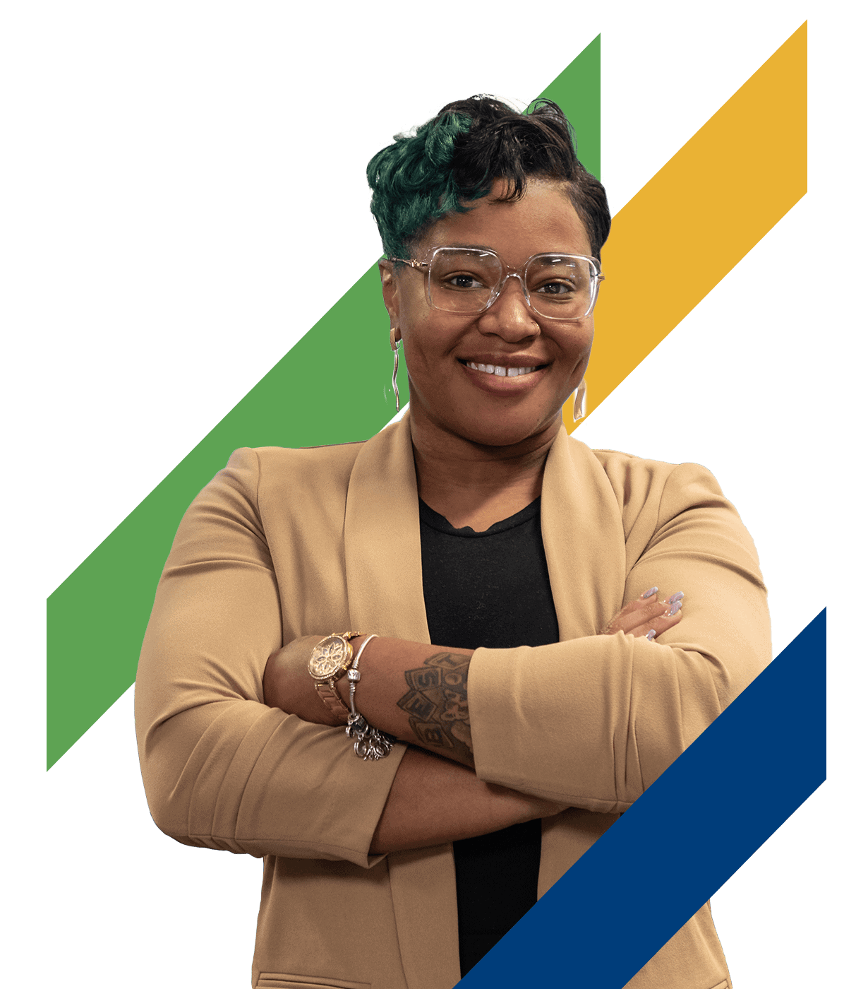 Student posing and smiling with her arms crossed.