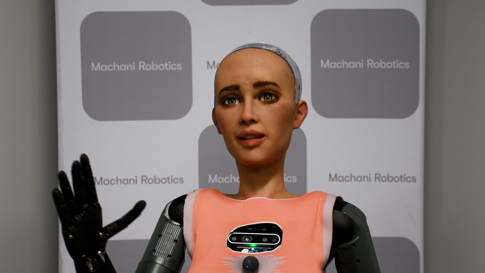 A humanoid robot that resembles a young, white female that is used for AI and business education. 