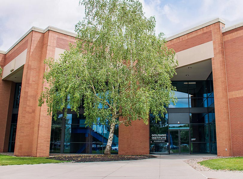 Exterior of campus on a sunny day.