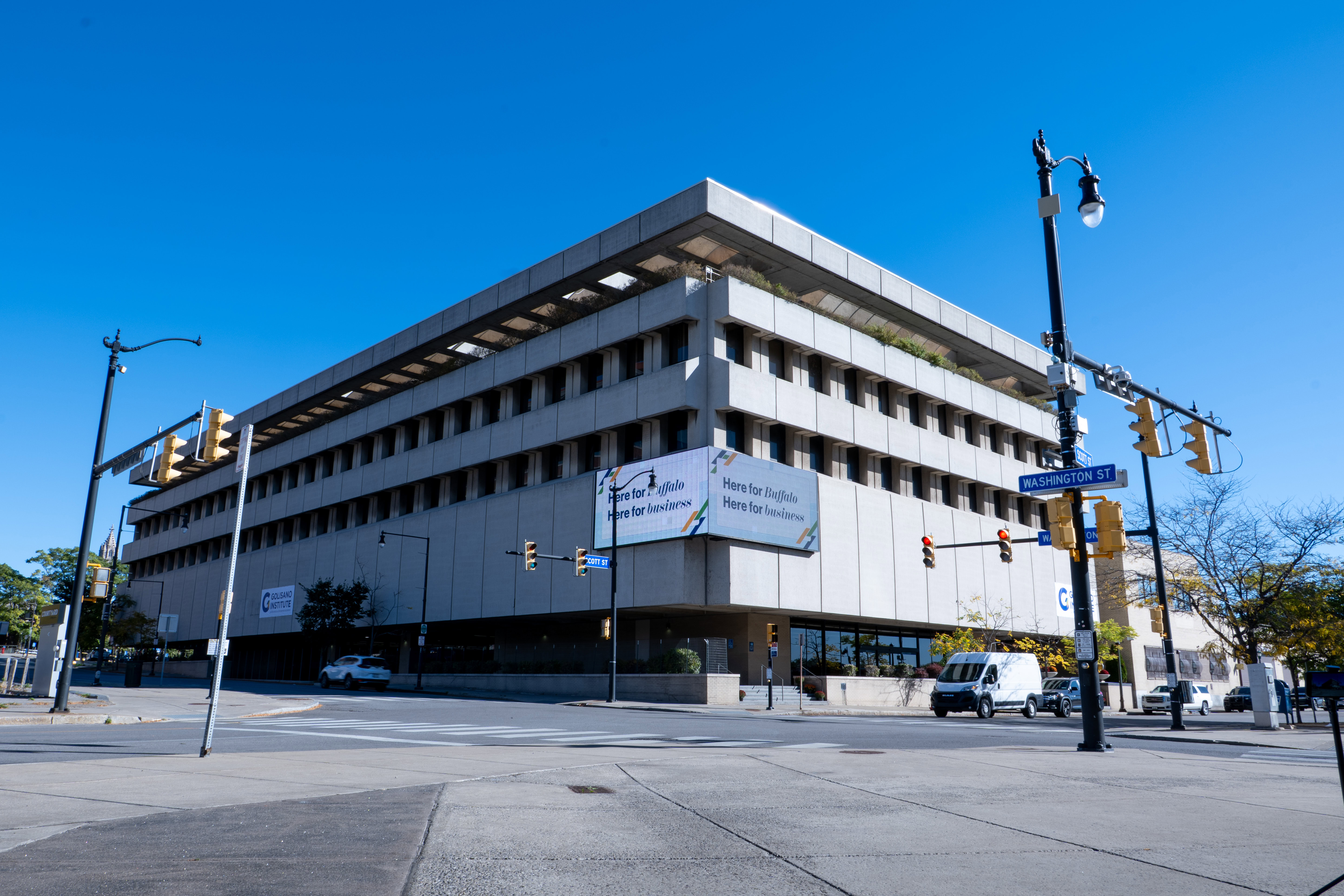 Golisano Institute for Business & Entrepreneurship's location in Buffalo, New York, seen from a corner angle at street level in October 2025.