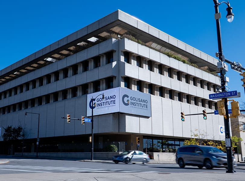 Exterior photo of the new Golisano Institute Buffalo campus on a sunny day.