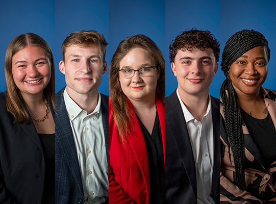 Portraits of two male and three female students.