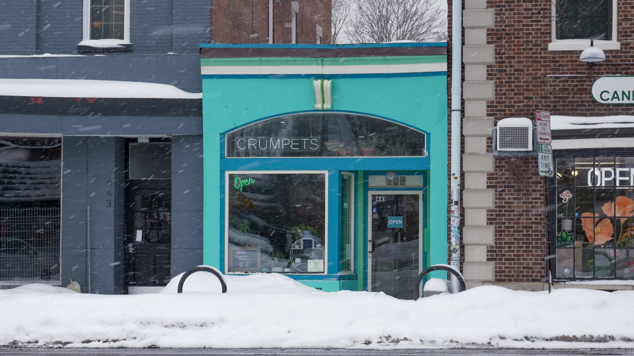 Exterior of Crumpets, a bakery in Rochester, New York, in winter