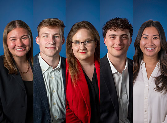 Portraits of two male and three female students.